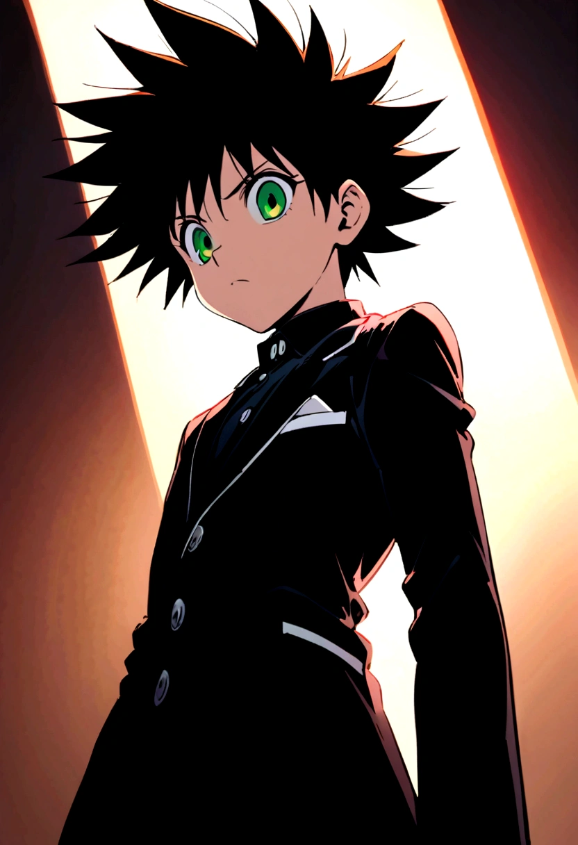 14 year old boy with black short messy hair and green eyes wearing white gloves and a black mafioso suit in hunter x hunter manga style