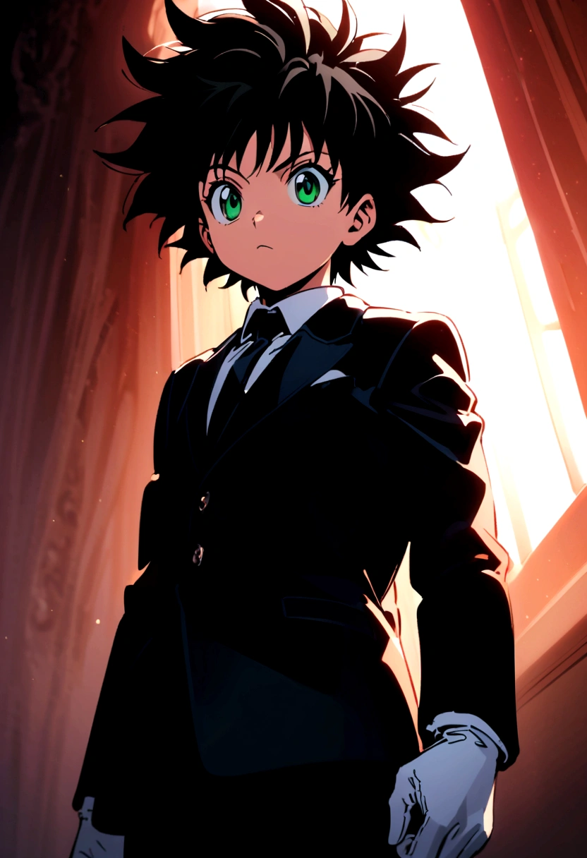 14 year old boy with black short messy hair and green eyes wearing white gloves and a black mafioso suit in hunter x hunter manga style