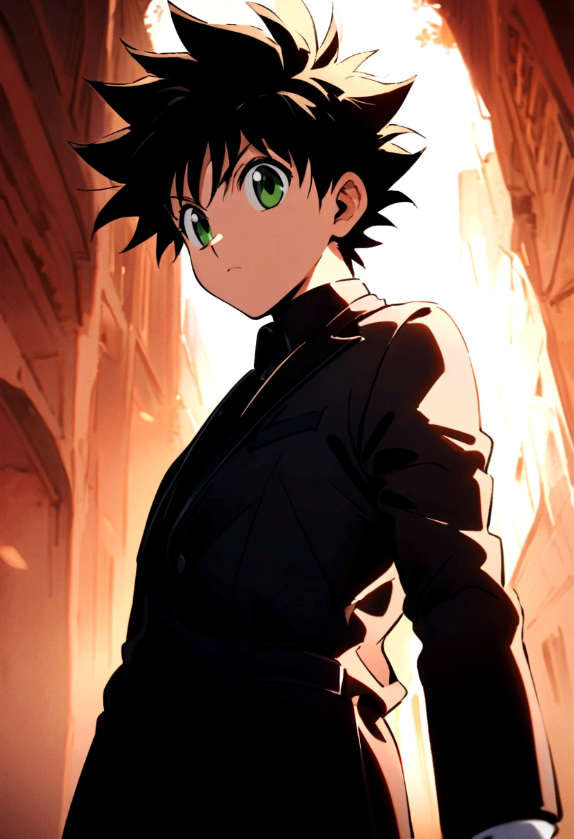 14 year old boy with black short messy hair and green eyes wearing white gloves and a black mafioso suit in hunter x hunter manga style