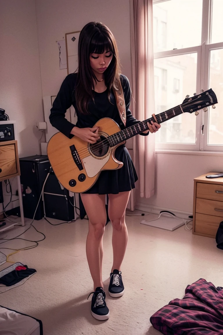 bocchi, 1girl, solo, in messy room, guitar, ultra y