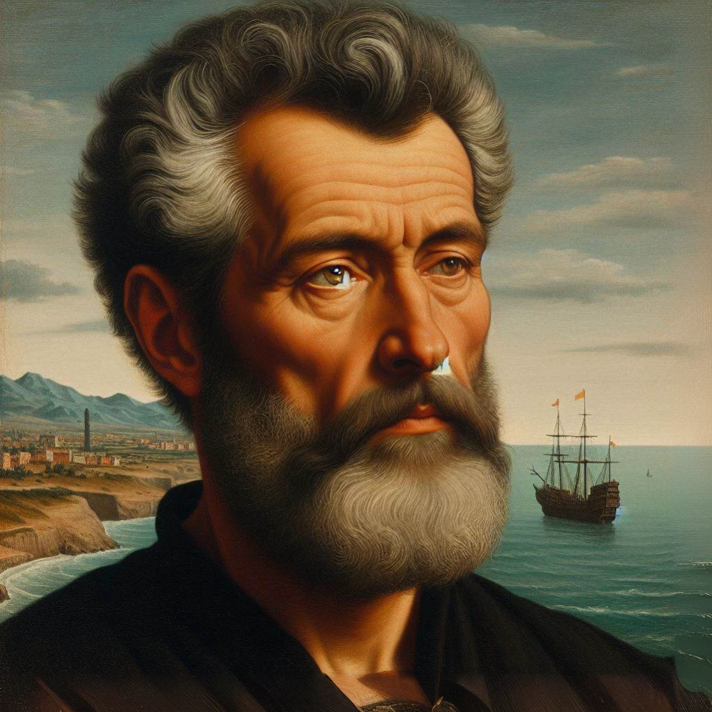 painting of a man with a beard and a mustache in front of a body of water, by Giorgio Giulio Clóvio, renaissance painting of man, inspired by Mariotto Albertinelli, by Antonio Cavallucci, by Francesco Furini, realistic renaissance portrait, painting of a man, unknown artist, Direction: Michelangelo Unterberger