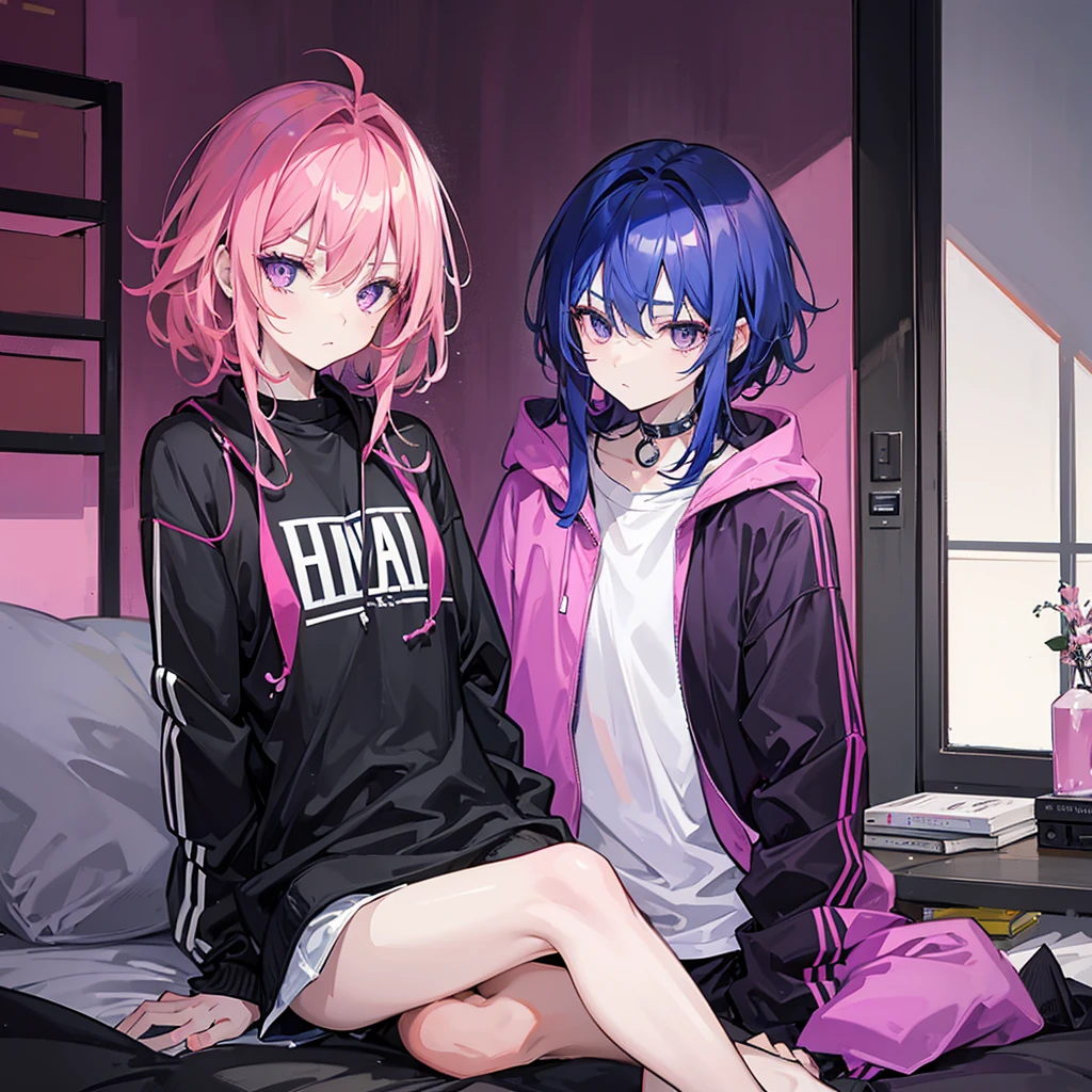 Saika is a boy, he has short striking pink hair that falls in soft waves around his face, complementing his vibrant purple eyes. His features are sharp and defined, with a youthful charm that is accentuated by his slender build. He often wears a stylish black jacket over a graphic t-shirt and jogging àd sometimes tight, completing his edgy and modern look, he is in his room.