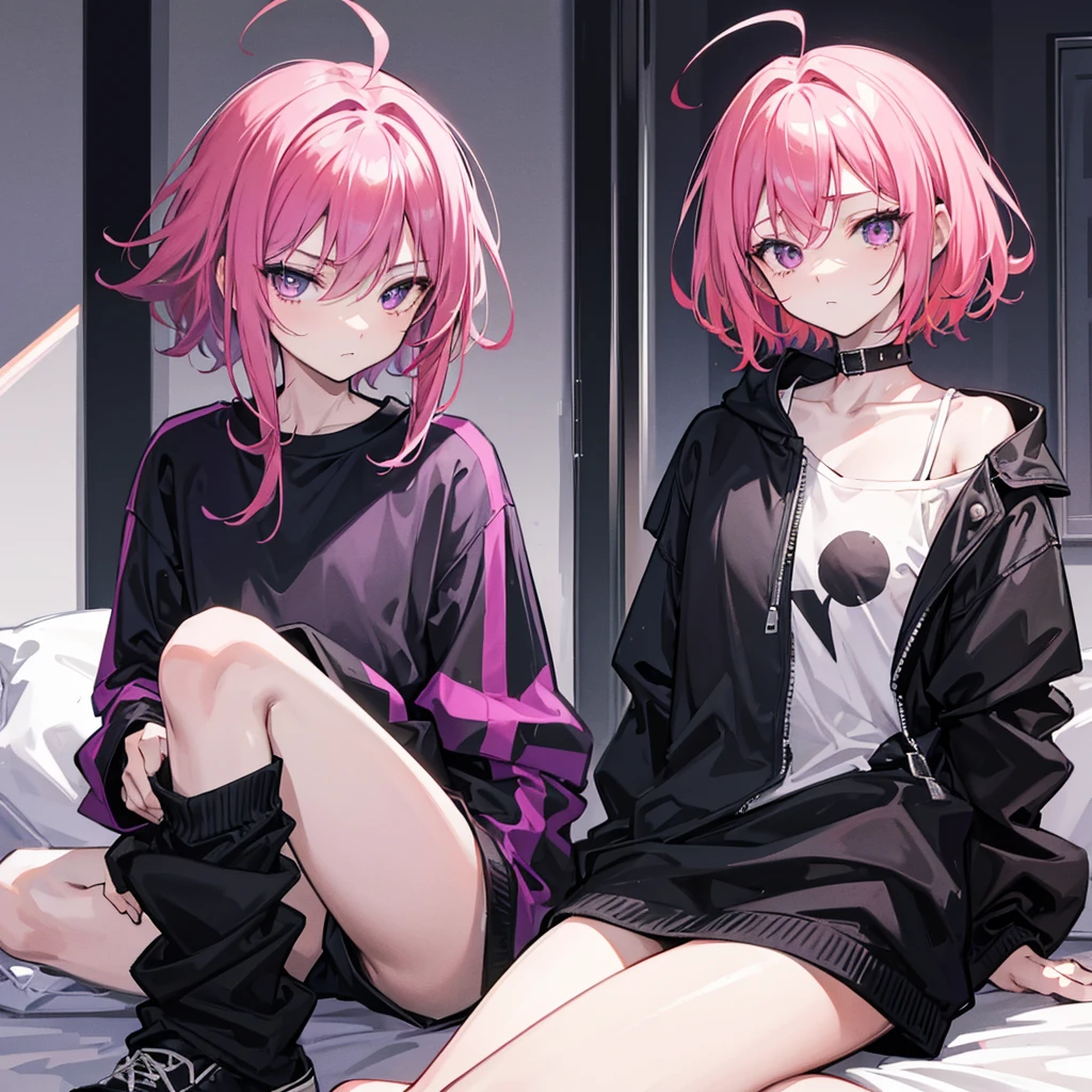 Saika is a boy, he has short striking pink hair that falls in soft waves around his face, complementing his vibrant purple eyes. His features are sharp and defined, with a youthful charm that is accentuated by his slender build. He often wears a stylish black jacket over a graphic t-shirt and jogging àd sometimes tight, completing his edgy and modern look, he is in his room.