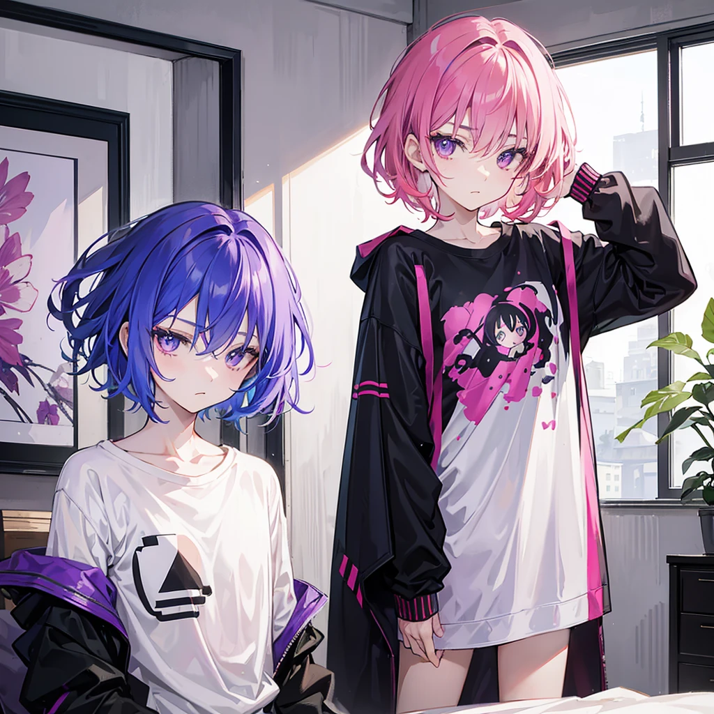 Saika is a  boy, he has short striking pink hair that falls in soft waves around his face, complementing his vibrant purple eyes. His features are sharp and defined, with a youthful charm that is accentuated by his slender build. He often wears a stylish black jacket over a graphic t-shirt and jogging àd sometimes tight, completing his edgy and modern look, he is in his room.