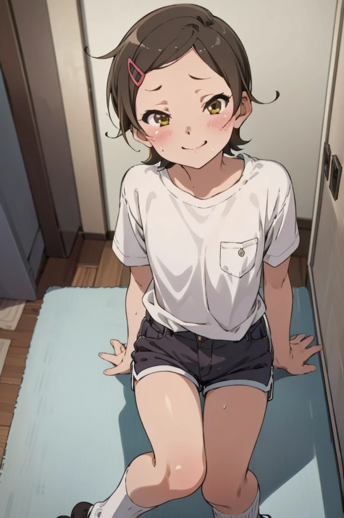 ,6yo,(petite), 1girl, looking at viewer,  hazuki katou,,,socks, ,my room,,blush,sweating,,flat chest,small shirts,fit shirt,short sleeves,shorts