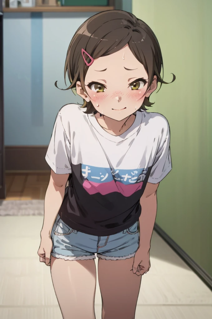 ,6yo,(ite), 1girl, looking at viewer,  hazuki katou,,,socks, ,my room,,blush,sweating,,flat chest,small shirts,fit shirt,short sleeves,shorts