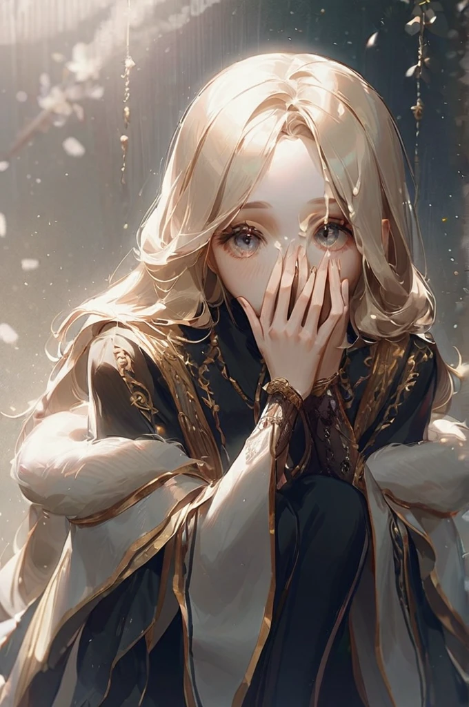 ((Лучшее качество)), ((шедевр)), (подробный), the girl is sitting on her knees, in front of her face, a dick from which cum flies at her