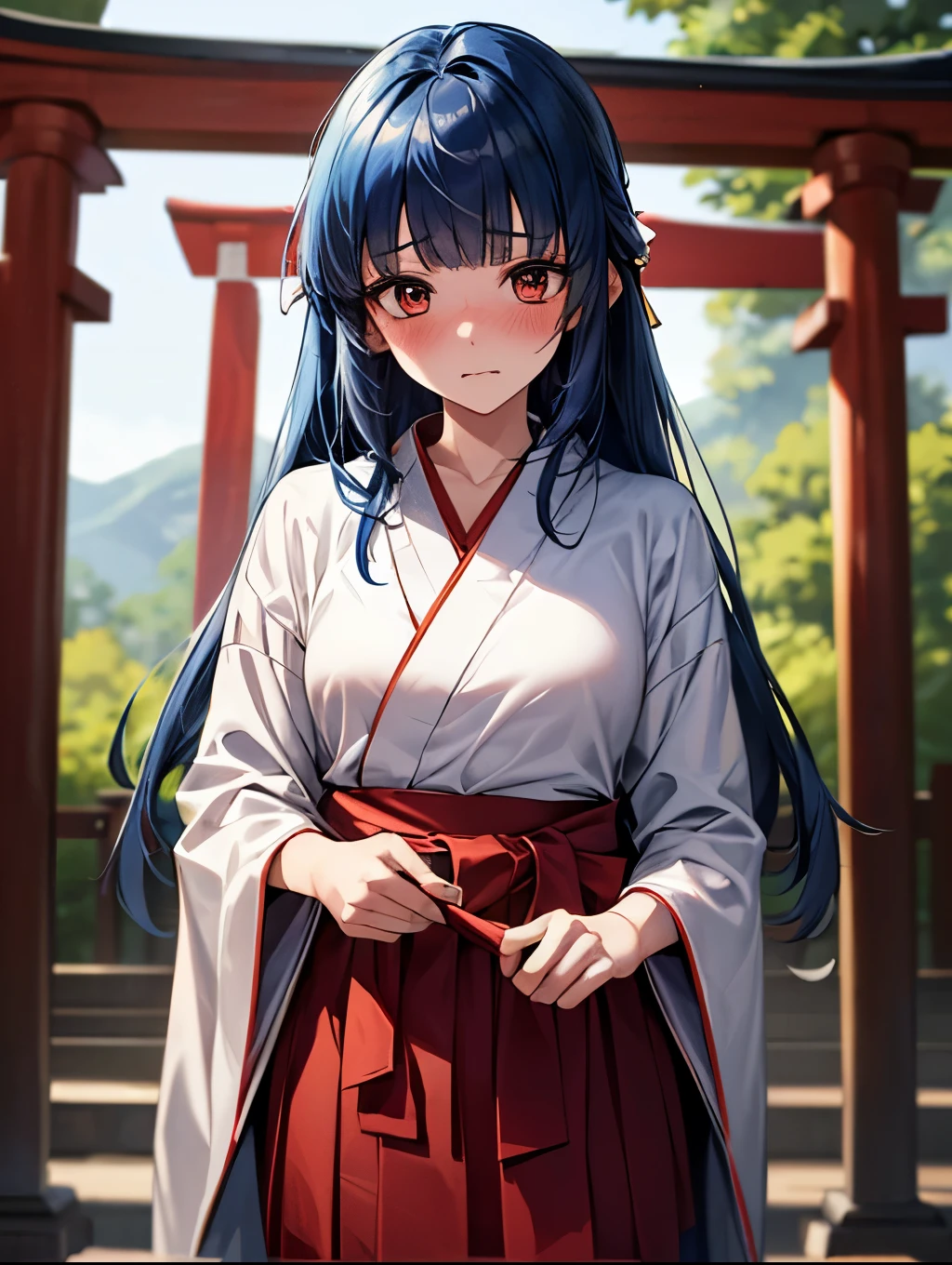 1 girl, Solo, 12 years old, cute girl, Best Quality, masterpiece, 8K, High resolution, Ultra-detailed, blue hair, long hair, blunt bangs, anguish, embarrassed, (shrine maiden costume, white kimono, red hakama, hakama skirt), undressing,