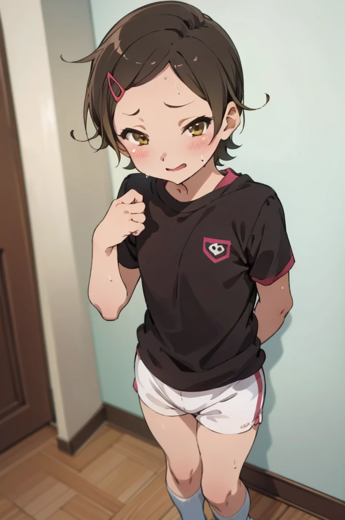 ,6yo,(petite), 1girl, looking at viewer,  hazuki katou,,,socks, ,my room,,blush,sweating,,flat chest,gym shirts,buruma