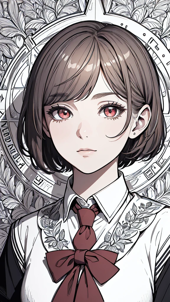 (hyperrealistic), (8K), (extremely detailed), (best illustration), (beautiful detailed eyes), (best quality), (ultra-detailed), (masterpiece), (wallpaper), (detailed face), solo, (school uniform:1.3), looking at the audience, exquisite details, short hair, red eyes,