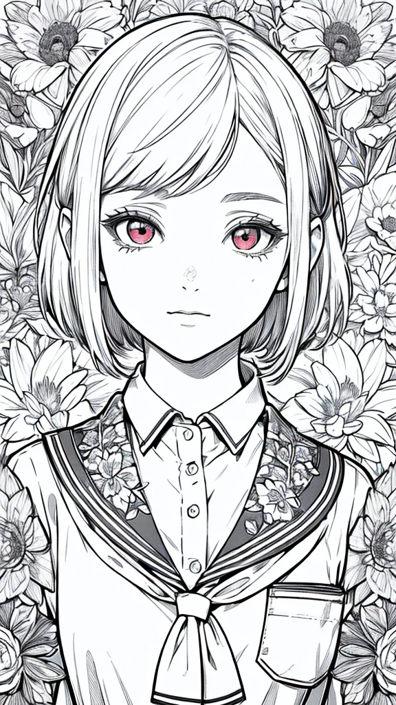 (hyperrealistic), (8K), (extremely detailed), (best illustration), (beautiful detailed eyes), (best quality), (ultra-detailed), (masterpiece), (wallpaper), (detailed face), solo, (school uniform:1.3), looking at the audience, exquisite details, short hair, red eyes,