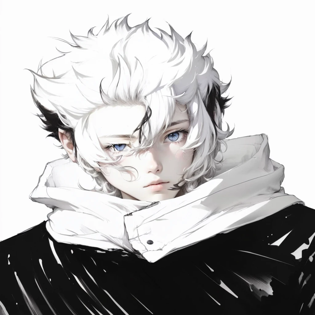 white fluffy messy hair, boy, male, staring at viewer, messy clothing