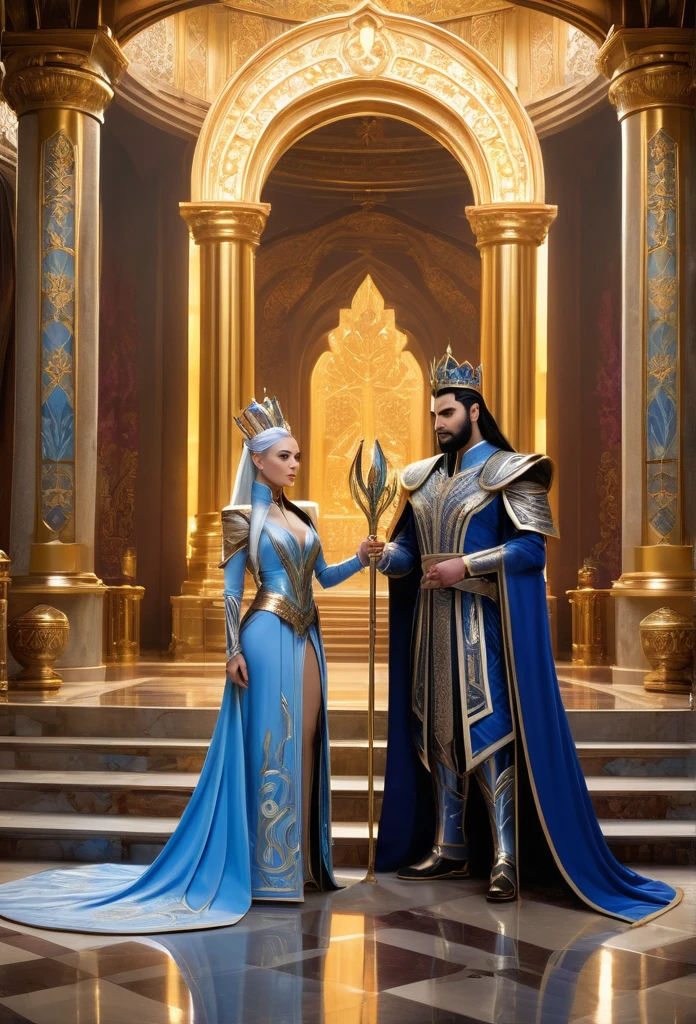 "A majestic image of King Jerrod, Queen Sindel, and the young princess Kitana together in the throne hall of Edenia's palace. King Jerrod, with his dark hair and neatly trimmed beard, wears a golden crown encrusted with precious stones and a robe long in shades of purple and gold, holding an ornate scepter, a symbol of her power. At her side, Queen Sindel, her long silver hair shining in the light, wears a finely crafted crown and a luxurious outfit with blue and gold details. , with a serene and determined expression. Among them is Kitana, still young, with her long black hair, wearing an elegant princess outfit in shades of light blue and silver. She looks at her parents with admiration, reflecting unity and love. of the royal family, Kitana gently holds her mother's hand, while her father places a protective hand on her shoulder. The environment around them is the grand throne hall, decorated with richly embroidered tapestries depicting the history of Edenia, columns of Edenia. Carved marble and colorful stained glass windows that filter sunlight, creating color patterns on the floor. Royal guards in ceremonial armor stand in respect and vigilance throughout the hall. Behind the throne, there is a large tapestry with the emblem of Edenia. The posture of King Jerrod, Queen Sindel and Kitana is one of confidence, authority and family unity, reflecting their fair and benevolent leadership. The entire scene conveys a sense of peace, prosperity, and the majesty of the kingdom of Edenia under his rule."