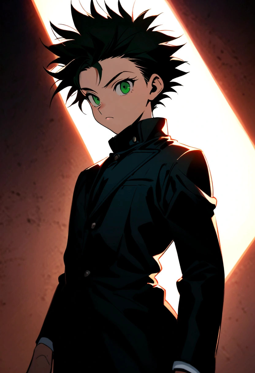 14 year old boy with black messy hair with shaved sides and green eyes wearing a black mafioso suit in hunter x hunter manga style