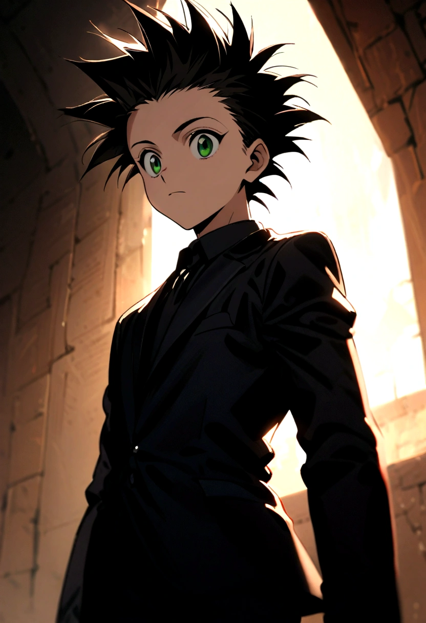 14 year old boy with black messy hair with shaved sides and green eyes wearing a black mafioso suit in hunter x hunter manga style