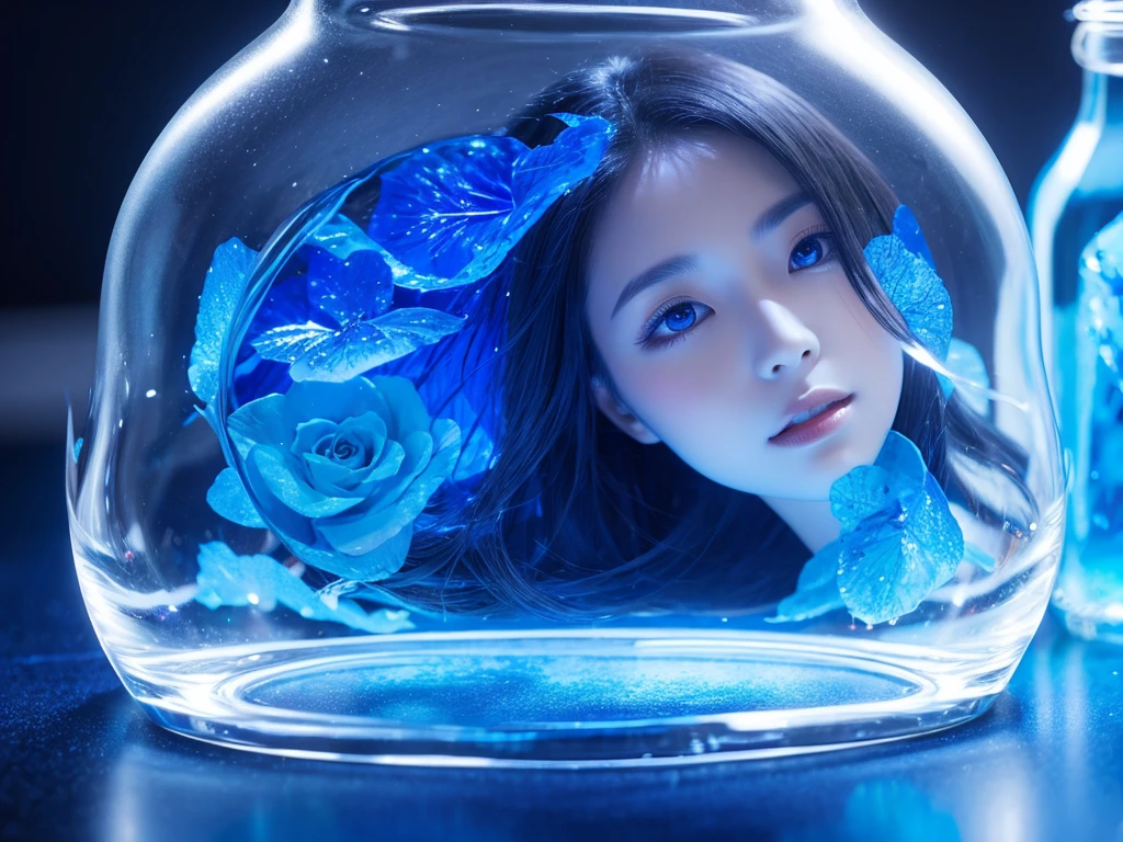 Put a beautiful woman in a transparent bottle　Photo style　Fantasy　Blue World