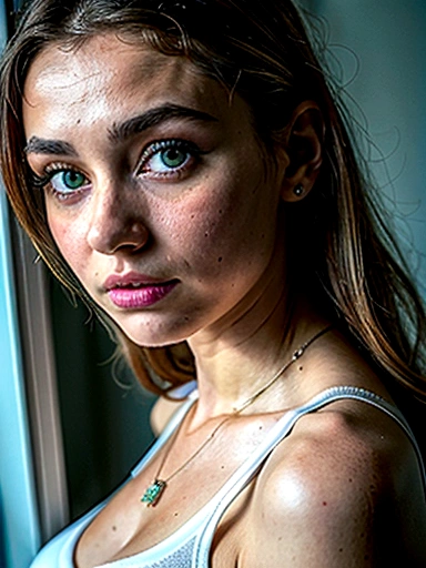 Arafed woman with a white tank top and necklace, large bust, fille sexy aux yeux verts, Portrait Sophie Mudd, cheveux bruns et grands yeux, selfie of a young woman, Yeux de chambre, Violet Myers, sans maquillage, maquillage naturel, looking straight at camera, Visage avec Artgram, Maquillage subtil, Superbe photo du corps entier, piercing green eyes, Bel angle, pose attrayante, fille mignonne, sexy pose, Image du corps entier, corps entier, Prise de vue du corps entier, brunette goddess, High detail, pose satisfaite, Pantalon en cuir