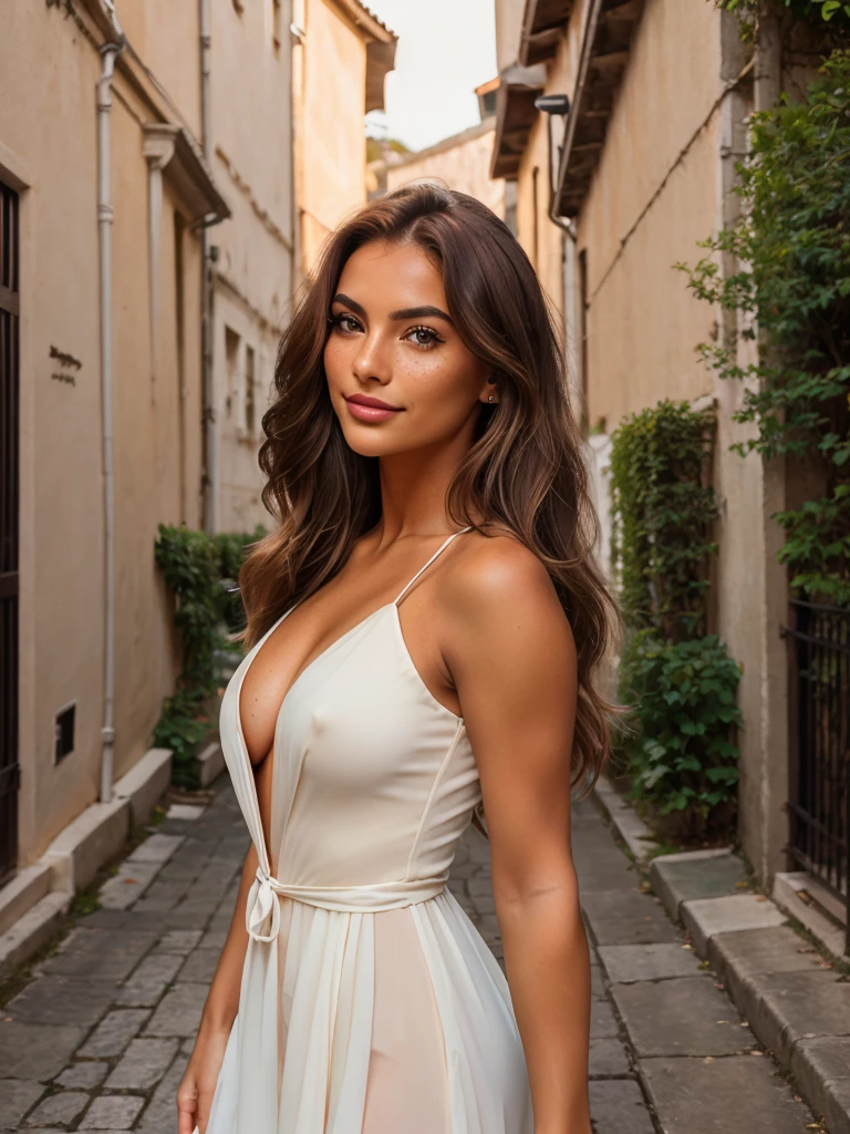 a young woman with light brown hair, walking through an alley in croatia, back facing camera, flowy white dress, high heels, (best quality,4k,8k,highres,masterpiece:1.2),ultra-detailed,(realistic,photorealistic,photo-realistic:1.37), elegant, serene, ambient lighting, cinematic, landscape, warm colors, golden hour
a 22 year old woman, an elegant appearance. My brown hair falls in long waves over my shoulders and hangs down at the sides of my breasts, frames my face and highlights my green eyes. My full, red lips are shaped into a smile. My snub nose is covered with freckles, which contrast with my tanned skin. My eyebrows are thick and dark, gives me a seductive look. My cheekbones are high and defined, and my eyelashes are long and curved. Her hair is open and blowing in the wind, and her makeup is light and natural.