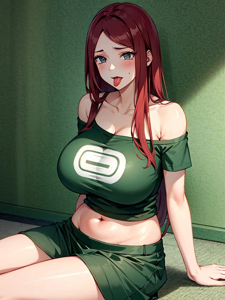 Uzumaki_kushina,huge breasts, beautiful face:1.5,white body,butt hole,navel, cleavage ,bellybutton,off the shoulder:1.8,body facing front,full body shot,standing straight, short greenskirt,black ,green tshirt ,scream,tongue stick out,mouth open,both hands on tshirt,long hair, spread leg, sitting