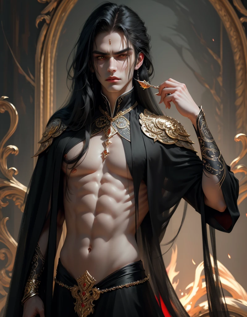 {anatomy}(Masterpiece - Ultra-detailed, very high resolution) Prepare to be enchanted by a true masterpiece that combines ultra-detailed art with high-resolution rendering. This work depicts a man with long black hair (1.3) and captivating golden eyes (1.2), intricate details and realistic textures. A man dressed in black with long clothes. Frowning. Killer look. Red lips. white skin like a vampire.