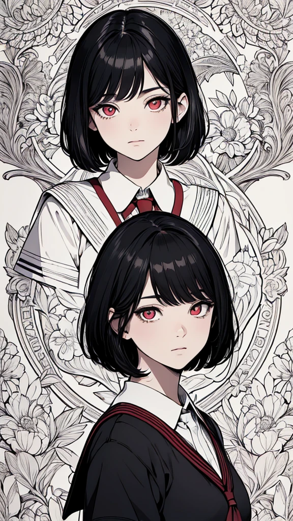 (hyperrealistic), (8K), (extremely detailed), (best illustration), (beautiful detailed eyes), (best quality), (ultra-detailed), (masterpiece), (wallpaper), (detailed face), solo, (school uniform:1.3), looking at the audience, exquisite details, short black hair, red eyes
