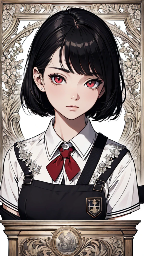 (hyperrealistic), (8K), (extremely detailed), (best illustration), (beautiful detailed eyes), (best quality), (ultra-detailed), (masterpiece), (wallpaper), (detailed face), solo, (school uniform:1.3), looking at the audience, exquisite details, short black hair, red eyes