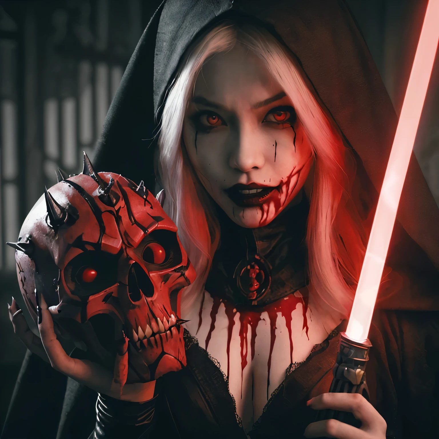 (very sharp result, full body desaturated photo) (((textile shading))), (((Best Quality))), (((masterpiece))), (((hyper realistic photo))) in starwars universe, a dark sith mistress japanese girl, black cult hoodie, red crimson skin, vampire smile with bloody fangs, darth maul face, piercings, mysterious sinister, bright red eyes (she is holding a blood cup in form of skull) white hair, dark castle, source light only from her red saber, horror feel mood gritty atmosphere,4K