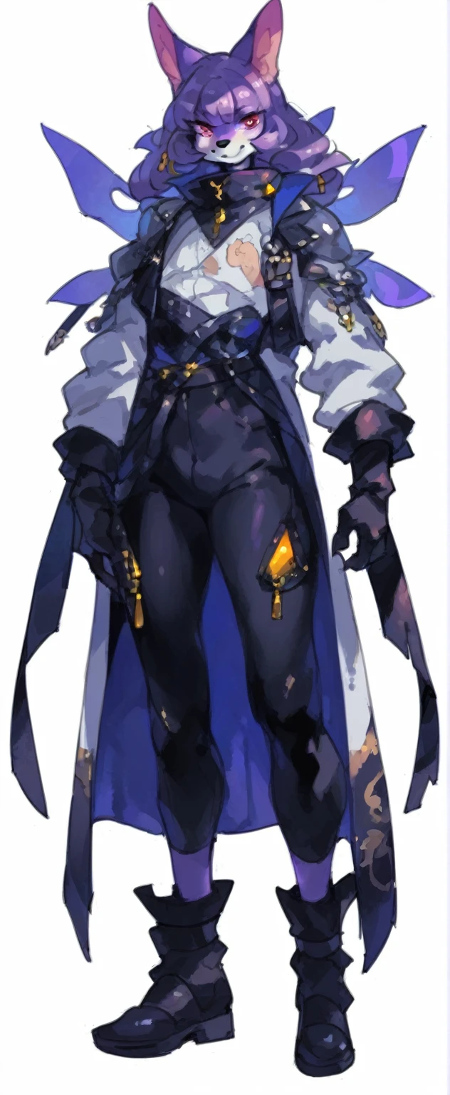 1 women, furry, Antro, fox, antropomorfic , pink eyes, blep, coffeesoda art style, e621, Fantazy adventurer, purple fox femboy,black smith, brow pants, white t-shit, black smith clothes ( character concept art ) ), official character art,