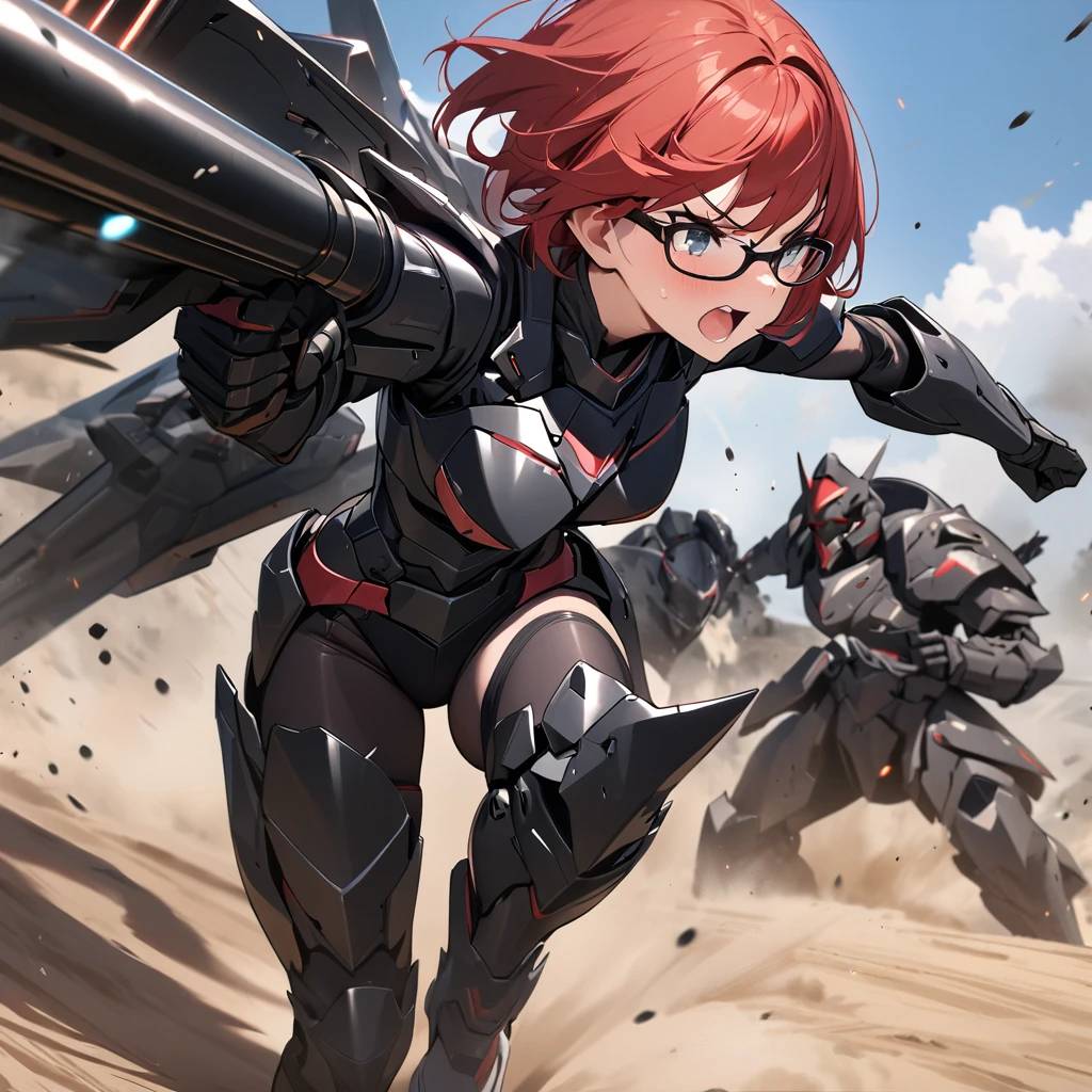 Top quality, masterpiece, beautiful girl,Red Hair,short hair,Glasses,Heavy Armor,Particle cannon,Run,
powered armor, full armor, powered leg,battle,Jet Black Armor,Big black combat bike

