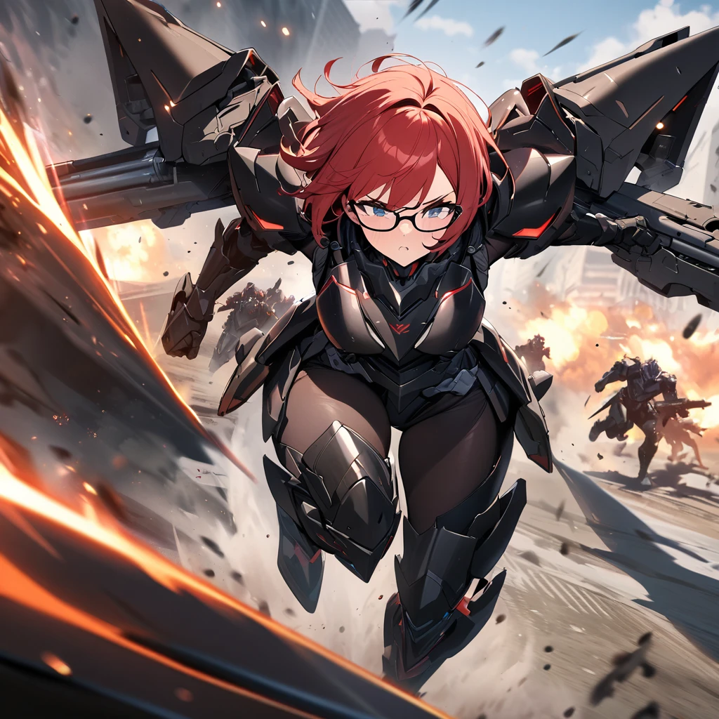 Top quality, masterpiece, beautiful girl,Red Hair,short hair,Glasses,Heavy Armor,Particle cannon,Run,
powered armor, full armor, powered leg,battle,Jet Black Armor,Big black combat bike