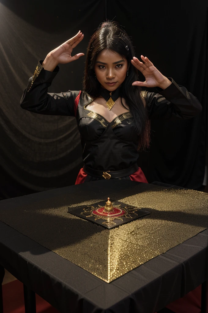 a indonesian beauty girl (realistic)magician dressed in red in a pose waving a black cloth with the effect of gold dust flakes, there is 3D writing on the table with the text "ANDRA MENGHILANG" and the magician while saying the incantation "BIM SALA BIM" which is in the word bubble. background of the performance stage.realistic.full hd.