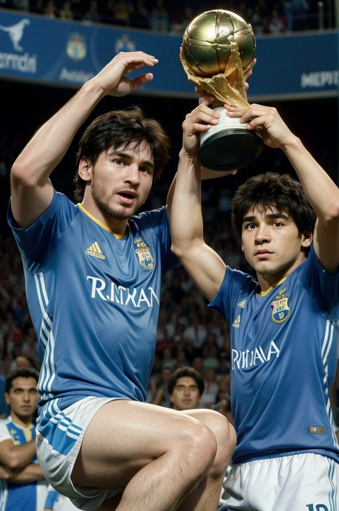 Leonel Messi and Diego Maradona playing together and lifting the world cup. Argentine team.