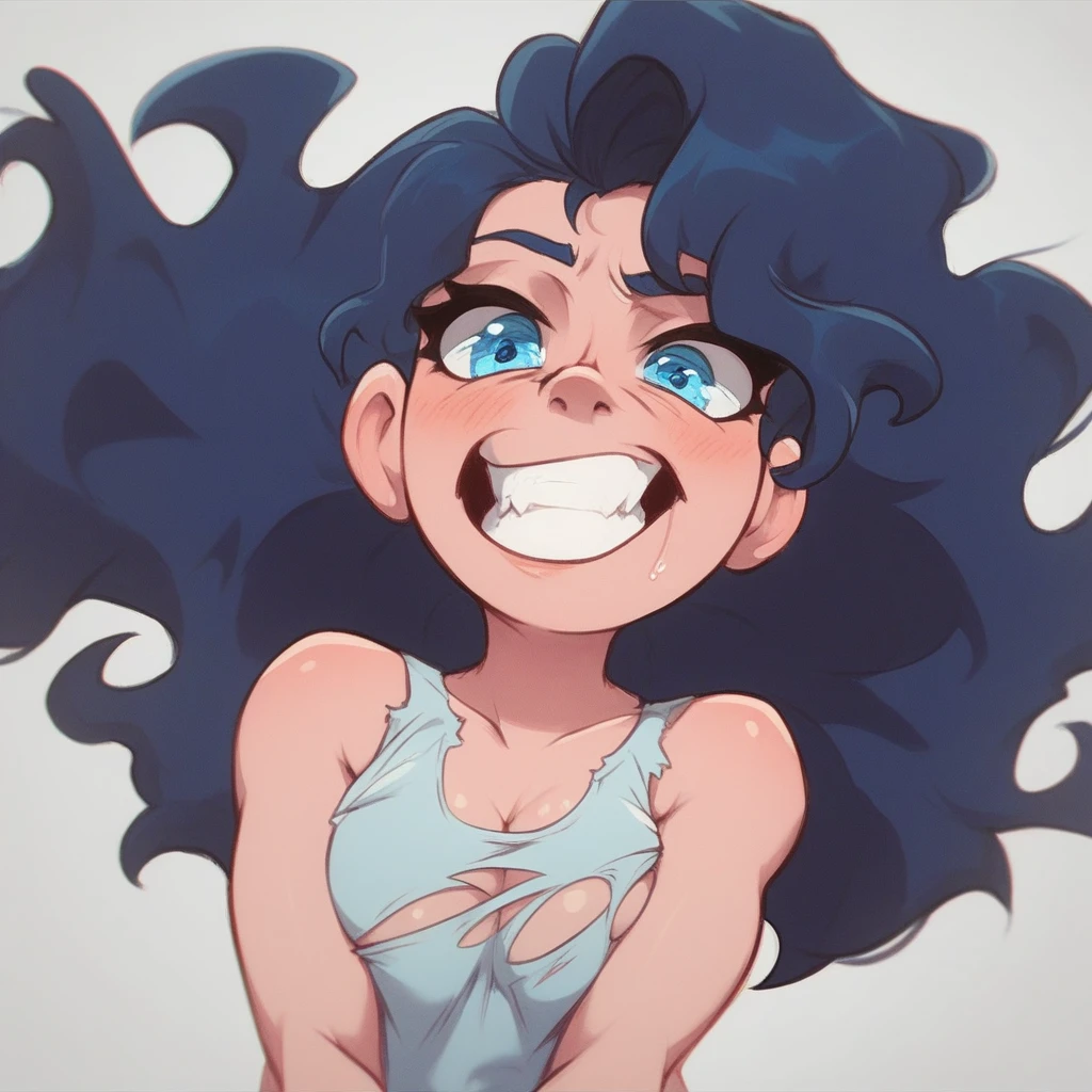 Ralph Bakshi Style, Curvy blue eyed girl with long wavy black hair and small breasts, nudity1.5, (extreme nsfw)2.5, torn tanktop, (tits out)1.5, lewd