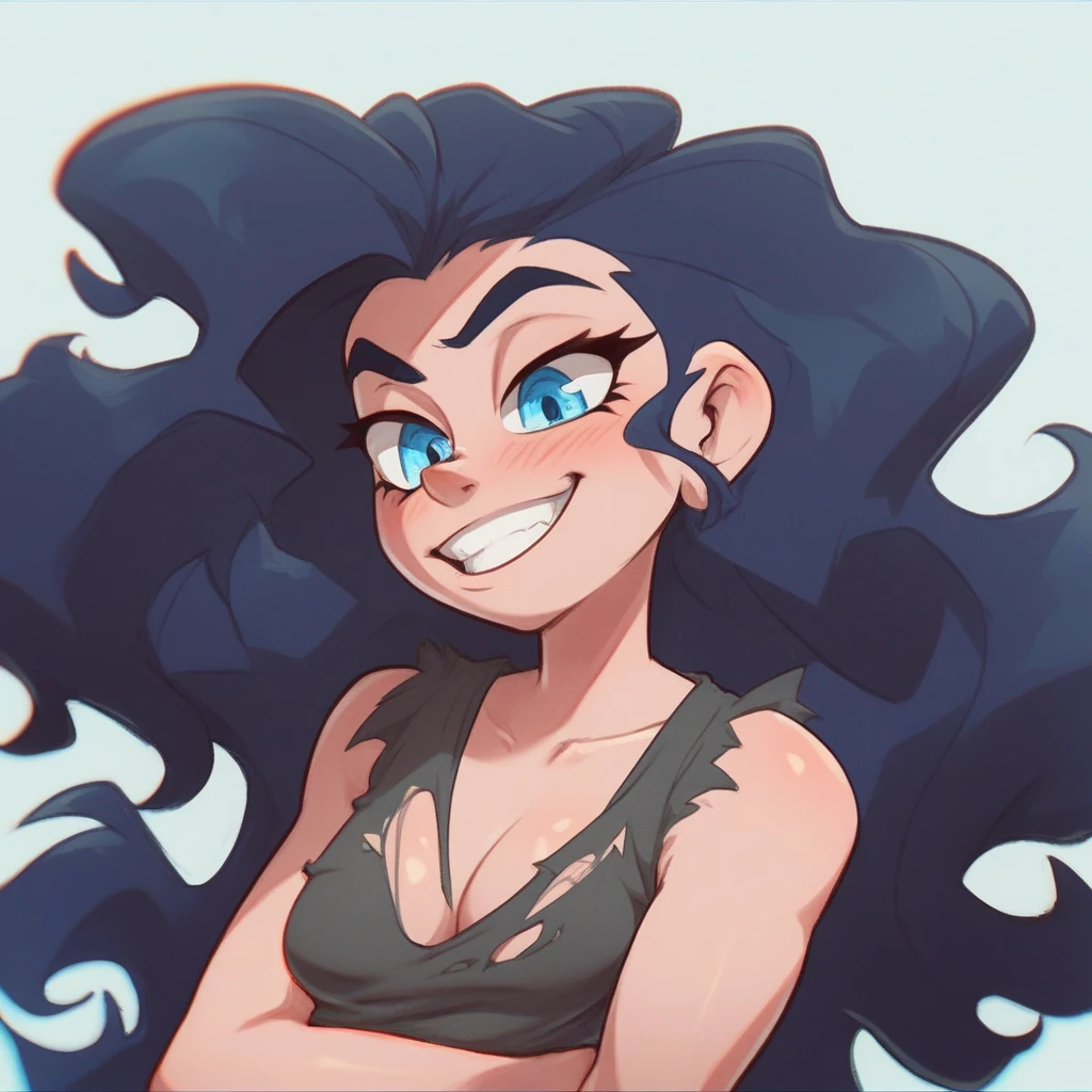 Ralph Bakshi Style, Curvy blue eyed girl with long wavy black hair and small breasts, nudity1.5, (extreme nsfw)2.5, torn tanktop, (tits out)1.5, lewd