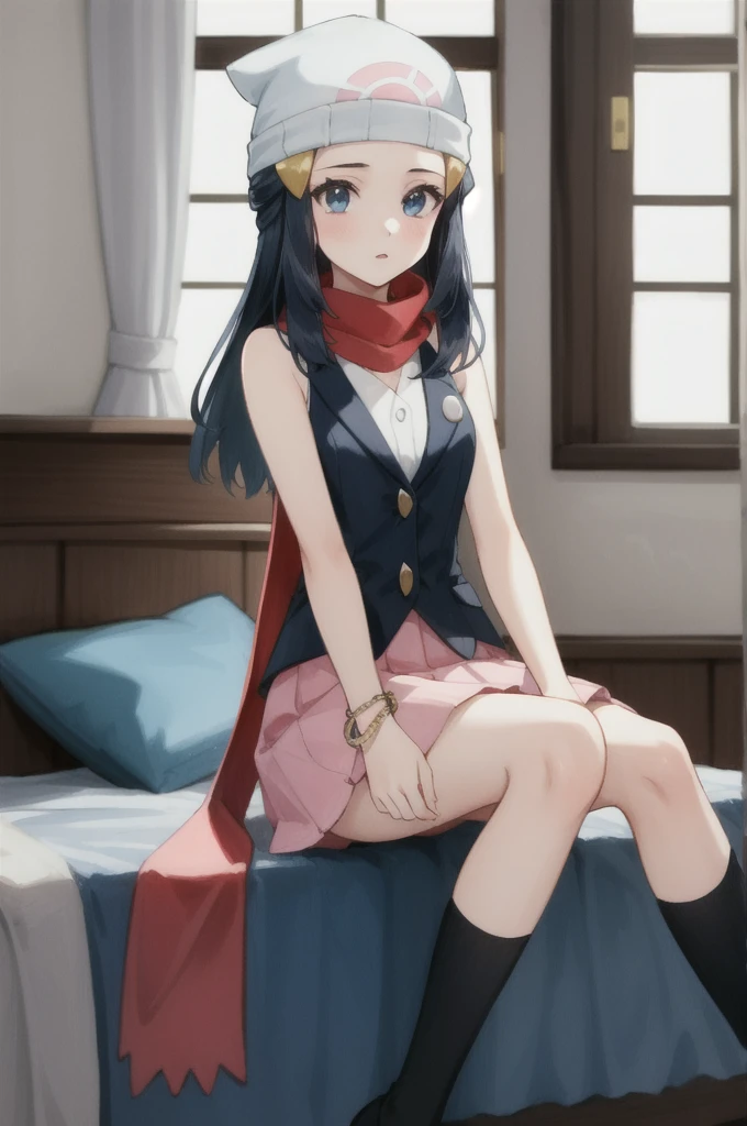 (masterpiece, best quality), intricate details,
1girl, pokemon dawn, black hair, blue eyes, sidelocks, long hair,, bare shoulders, beanie, black shirt, black socks, bracelet, hat, jewelry, kneehighs, miniskirt, pink skirt, red scarf, scarf, shirt, skirt, sleeveless, sleeveless shirt, white headwear,
indoors, penguin, bedroom,