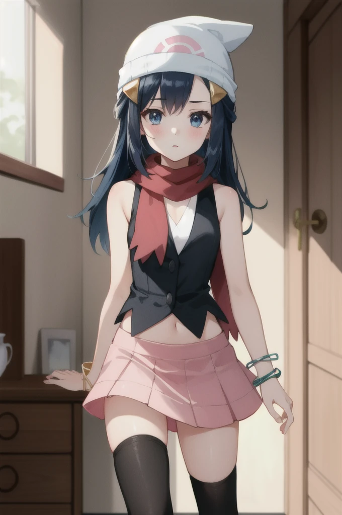 (masterpiece, best quality),  intricate details,
1girl,    pokemon dawn, black hair, blue eyes, sidelocks, long hair,, bare shoulders, beanie, black shirt, black socks, bracelet, hat, jewelry, kneehighs, miniskirt, pink skirt, red scarf, scarf, shirt, skirt, sleeveless, sleeveless shirt, white headwear,
indoors, penguin, bedroom,
