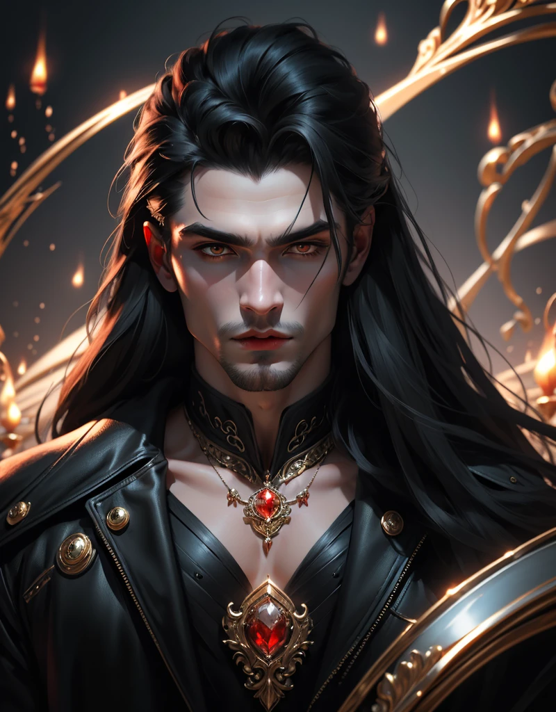 {anatomy}(Masterpiece - Ultra-detailed, very high resolution) Prepare to be enchanted by a true masterpiece that combines ultra-detailed art with high-resolution rendering. This work depicts a man with long black hair (1.3) and captivating golden eyes (1.2), emanating an aura of mystery in decadent settings. The intricate details and realistic textures invite you to explore every aspect of this enchanting composition. man wearing a black 1960s motorcycle vest. Face closed. Red lips. white skin like a vampire.