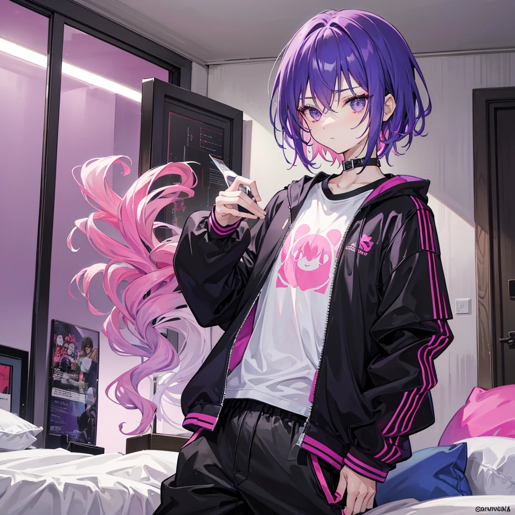 Saika is a 14 years old boy, he has short striking pink hair that falls in soft waves around his face, complementing his vibrant purple eyes. His features are sharp and defined, with a youthful charm that is accentuated by his slender build. He often wears a stylish black jacket over a graphic t-shirt and jogging àd sometimes tight, completing his edgy and modern look, he is in his bedroom.