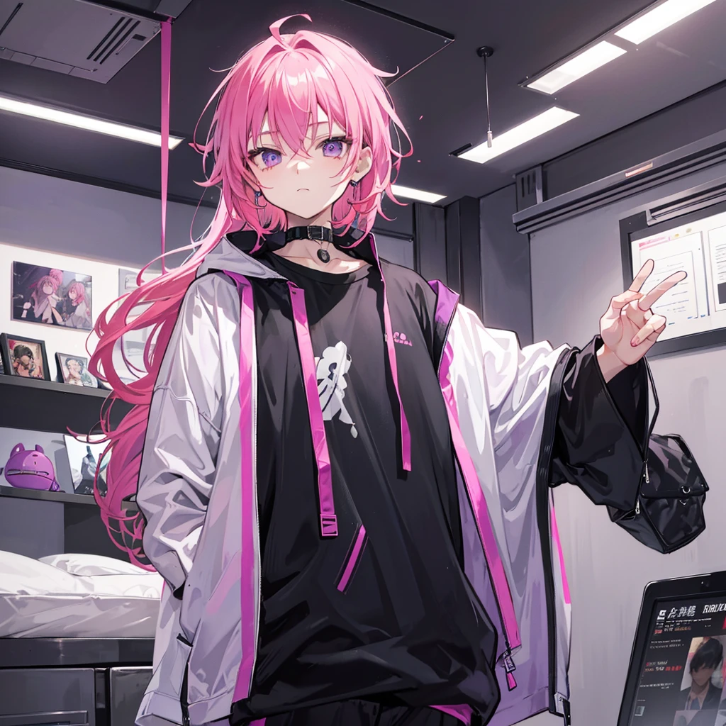 Saika is a boy, he has short striking pink hair that falls in soft waves around his face, complementing his vibrant purple eyes. His features are sharp and defined, with a youthful charm that is accentuated by his slender build. He often wears a stylish black jacket over a graphic t-shirt and jogging àd sometimes tight, completing his edgy and modern look, he is in his bedroom.
