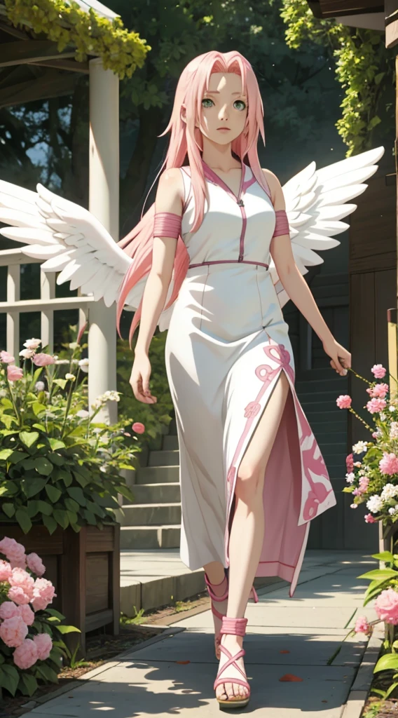 Sakura Haruno, girl, long pink hair, green eyes, white dress, long fluffy, with golden decorations, flower garden, walking, angel wings