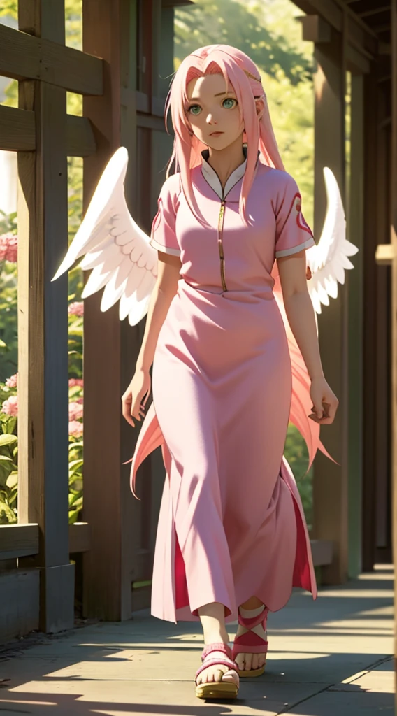 Sakura Haruno, girl, long pink hair, green eyes, white dress, long fluffy, with golden decorations, flower garden, walking, angel wings