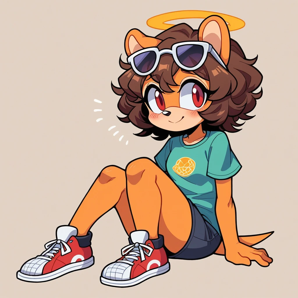 score_9, score_8_up, mobian, solo, hedgehog, two-tone fur ((orange fur, brown fur)), twill shirt dress, high-top sneakers, small breasts, two-tone hair (brown hair, black tip)), curly hair, halo, sunglasses, jewelry, red eyes, longeyelashes, red eyes, smile, shy, blush, pose, close up