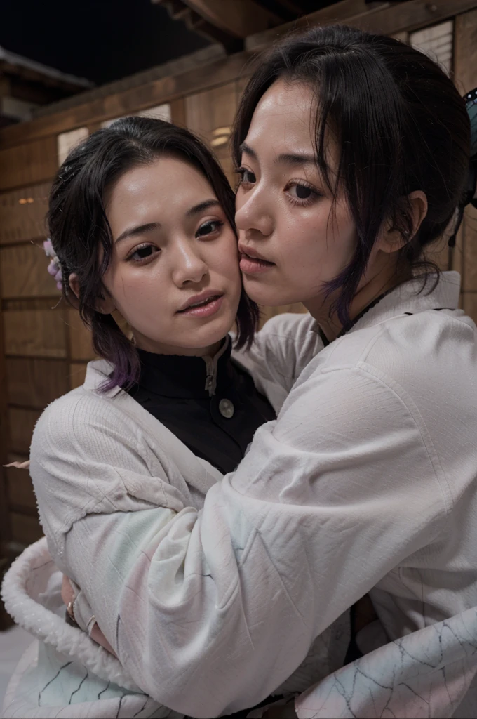 Shinobu lies kissing a woman in the snow, unattractive with cold weather on his mouth and frostbite.