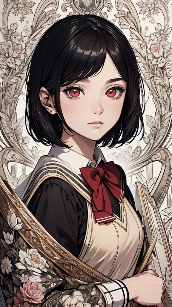 (hyperrealistic), (8K), (extremely detailed), (best illustration), (beautiful detailed eyes), (best quality), (ultra-detailed), (masterpiece), (wallpaper), (detailed face), solo, (school uniform:1.3), looking at the audience, exquisite details, short black hair, red eyes