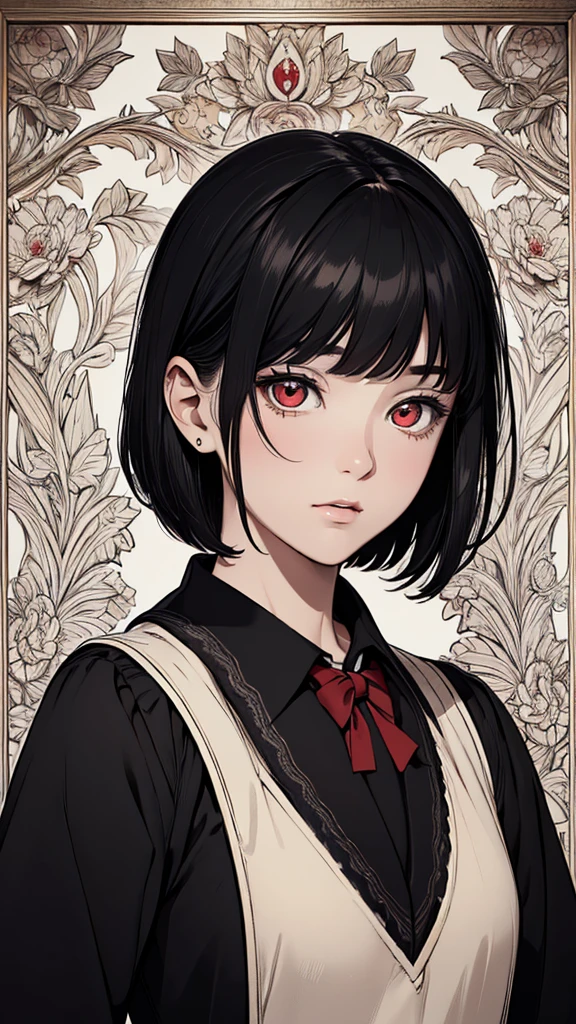 (hyperrealistic), (8K), (extremely detailed), (best illustration), (beautiful detailed eyes), (best quality), (ultra-detailed), (masterpiece), (wallpaper), (detailed face), solo, (school uniform:1.3), looking at the audience, exquisite details, short black hair, red eyes