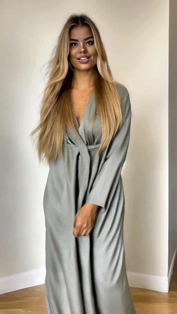 A young woman with long, straight blond hair crouches beside a white wall, taking a selfie with her black cell phone. She's wearing a long-sleeved black dress and black boots. She has several silver earrings and a confident, relaxed expression. The floor is light parquet, adding a warm touch to the minimalist scene.