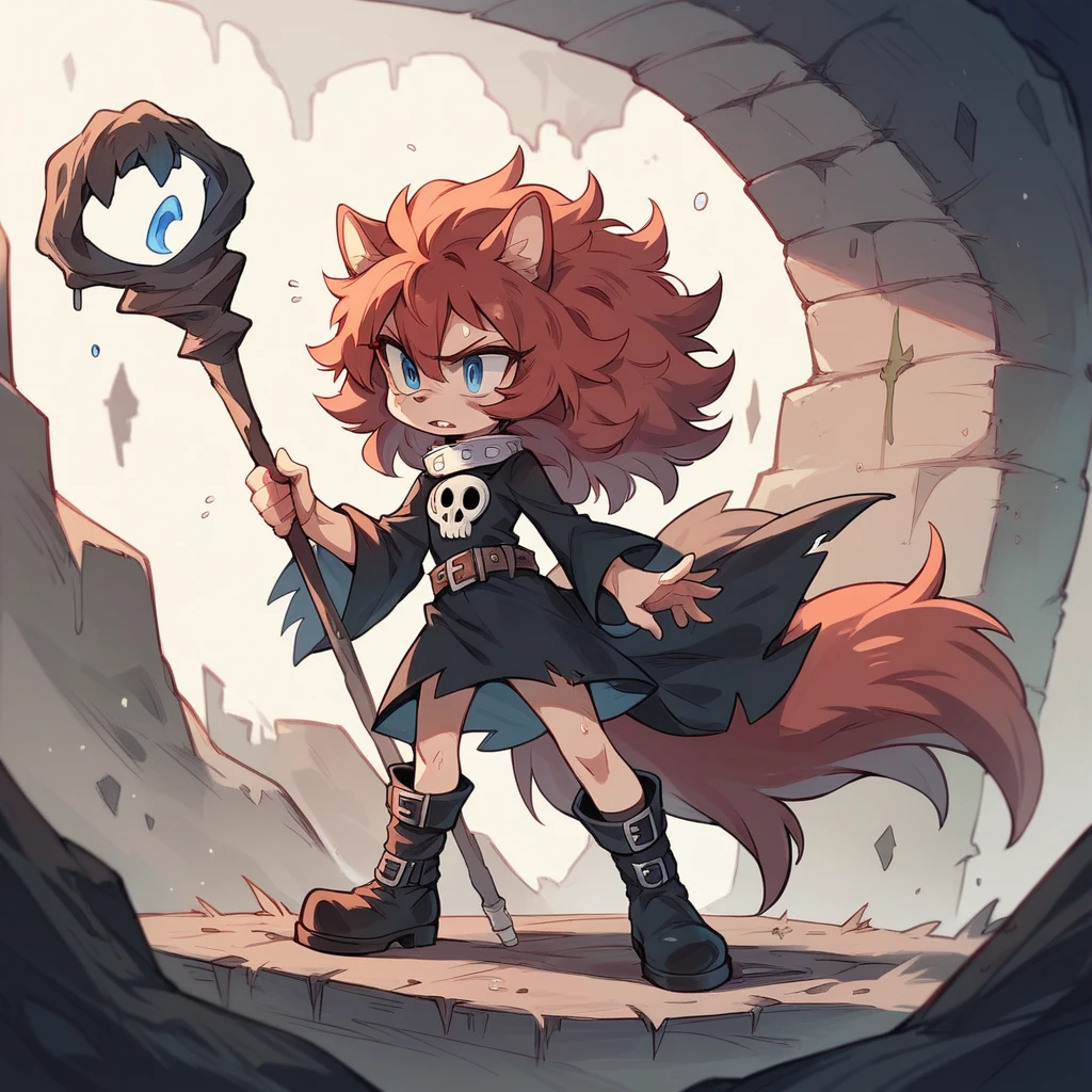 Blue eyes, Light gray-white messy long hedgehog fluffy hair, Her right eye is sticking out from sweat and completely black as if cursed, Long black dress with a white collar, auburn belt, A necklace in the shape of a skull, Black boots,a staff