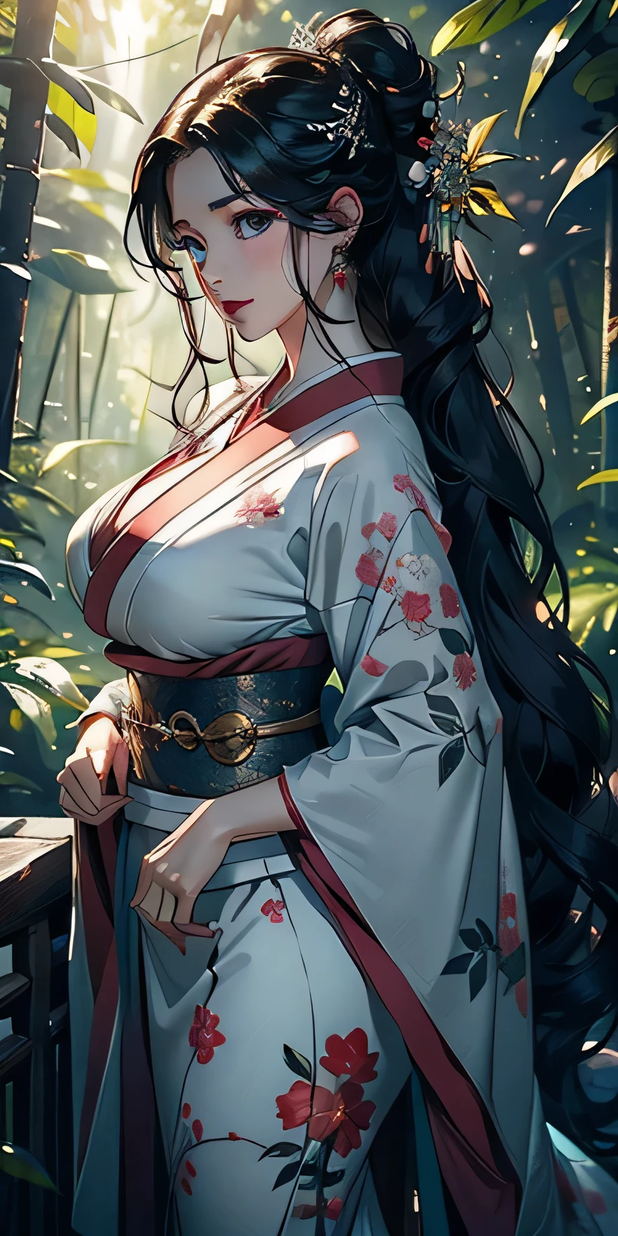 1womanl，looking 35 years old，Scrawny，very big big ，big breasts and thin waist，Legs long， lonely，（fund：，cherry forest，tropical rainforest）standing in the forest， she has long hair，from front view， curls，cloudy sky，（（（work of art），（very detailed 8k unified CG wallpaper），best qualityer，Lumiere，Details，beautiful and delicate eyes，eyes black，Pele branca como a neve，Red lips（Very delicate and beautiful），（Beautiful and detailed description of the eyes），ultra detaild，work of art，））facing the camera，high resolution，ultra detaild），Japanese woman，wearing kimono, inoccent face, neckleace.