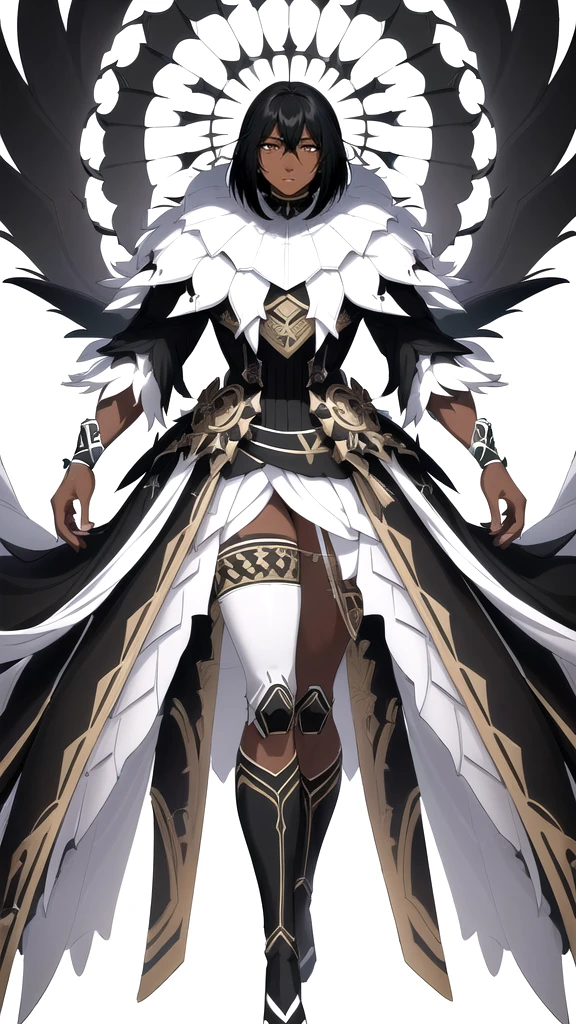 A highly detailed, full body anime style portrait of a dark-skinned male wizard with short black hair and a few white strands, wearing tribal style outfits, against a minimalist white background, (best quality,4k,8k,highres,masterpiece:1.2),ultra-detailed, vibrant colors,concept art style