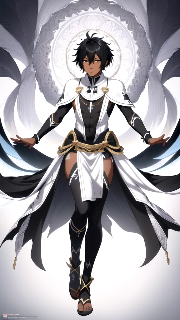 A highly detailed, full body anime style portrait of a dark-skinned male wizard with short black hair and a few white strands, wearing tribal style outfits, against a minimalist white background, (best quality,4k,8k,highres,masterpiece:1.2),ultra-detailed, vibrant colors,concept art style